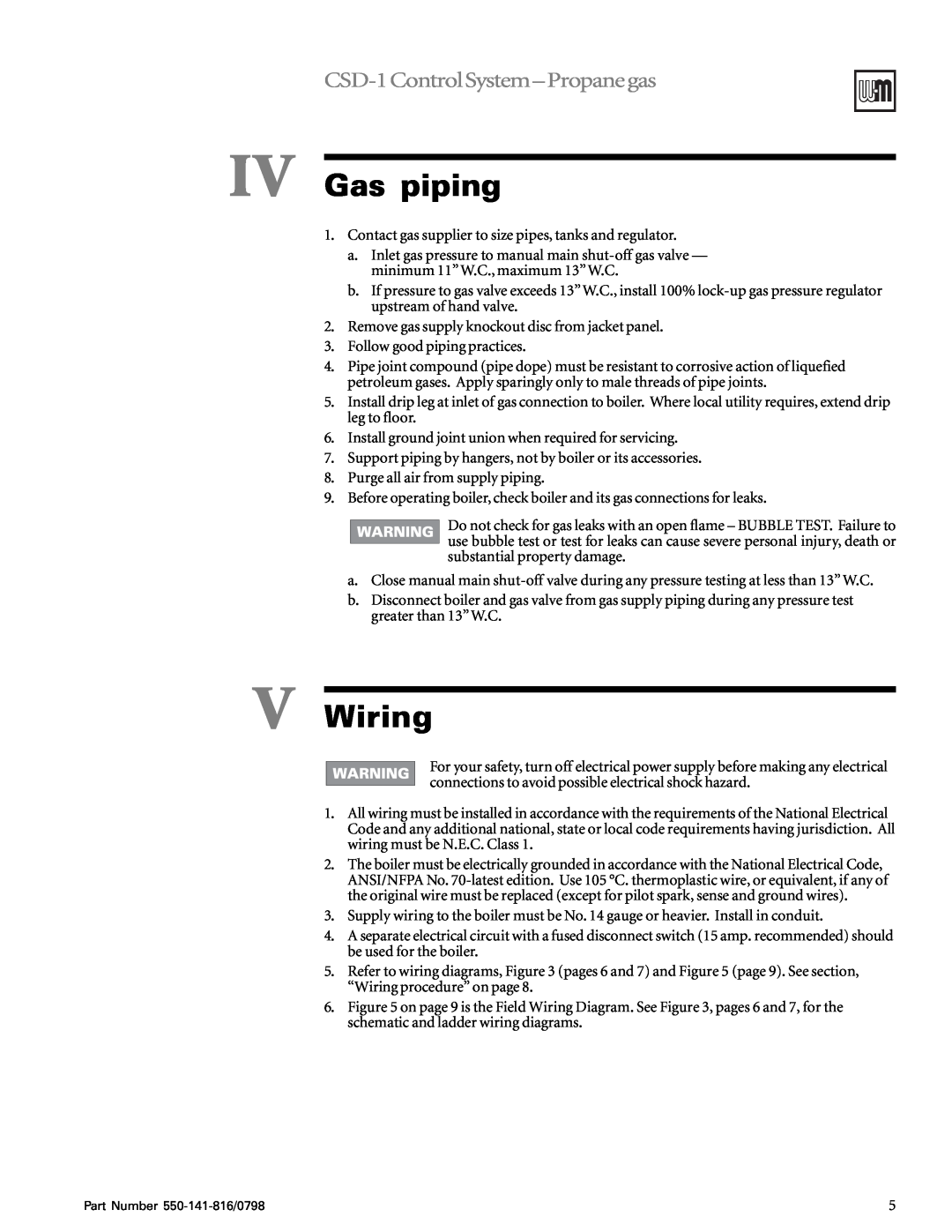 Weil-McLain 6-20 Series operating instructions IV Gas piping, V Wiring, CSD-1ControlSystem-Propanegas 