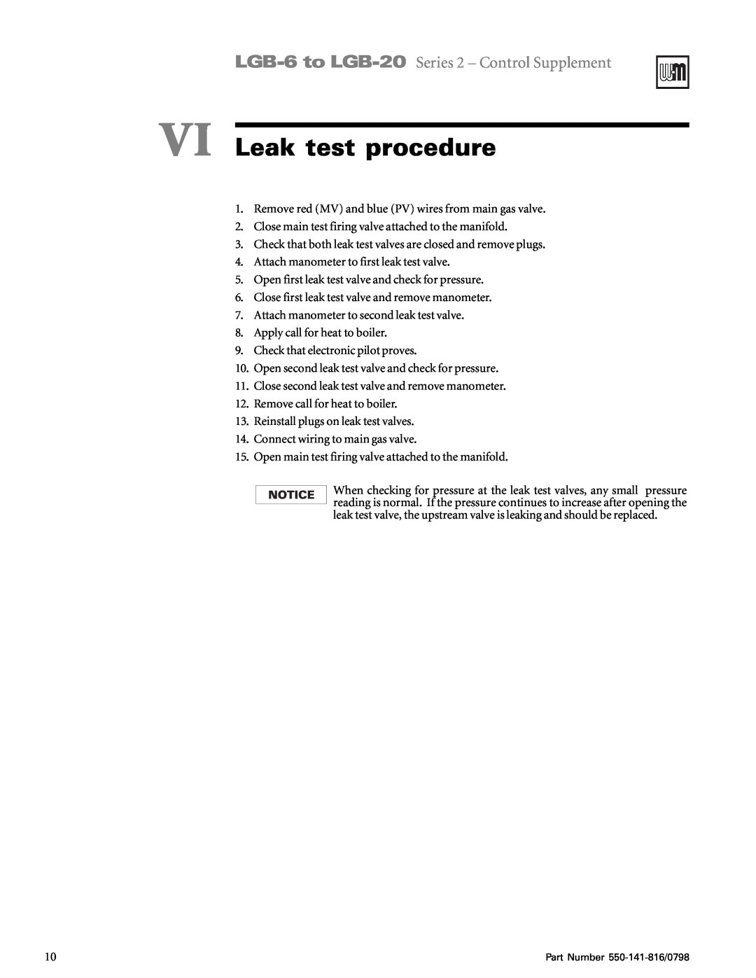 Weil-McLain 6-20 Series operating instructions VI Leak test procedure, LGB-6to LGB-20 Series 2 - Control Supplement 