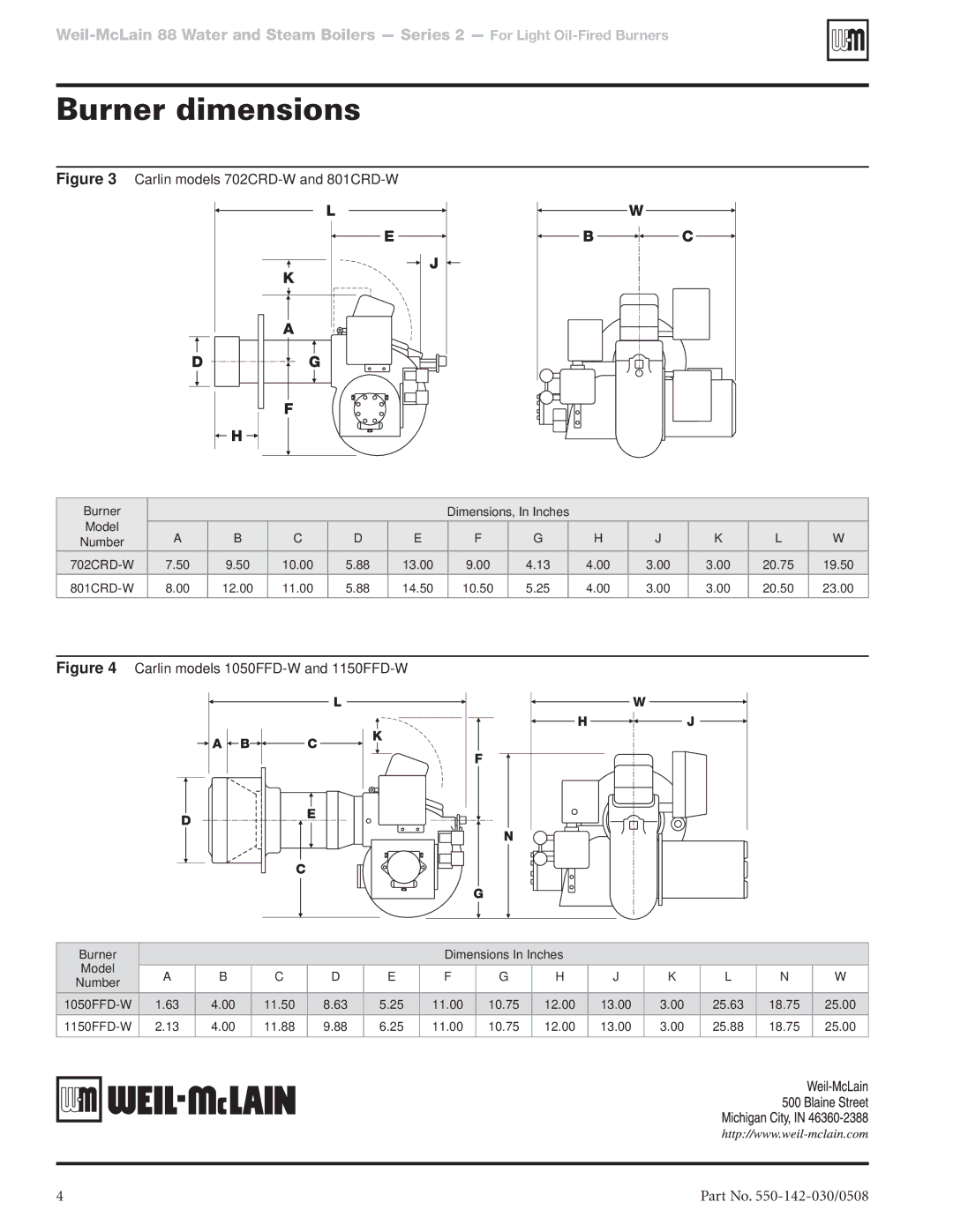 Weil-McLain 1050FFD-W, 1150FFD manual Burner dimensions, Carlin models 702CRD-W and 801CRD-W 