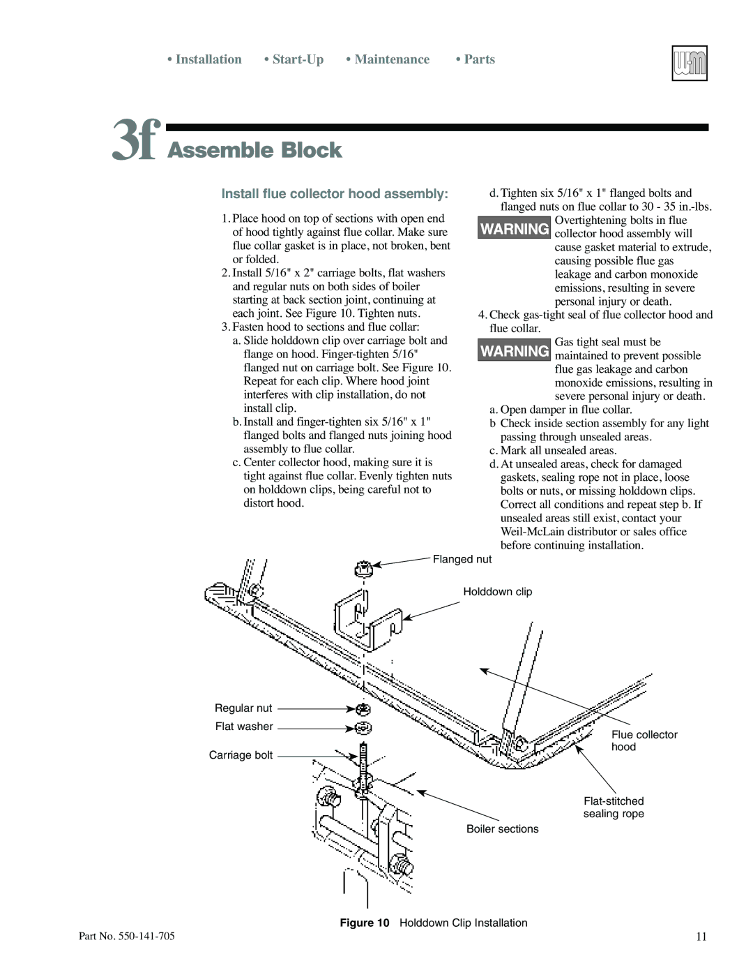 Weil-McLain 78 manual 3f Assemble Block, Install flue collector hood assembly 