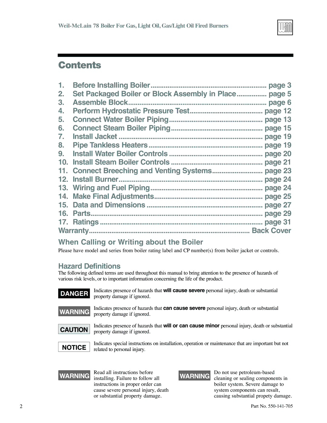 Weil-McLain 78 manual Contents 