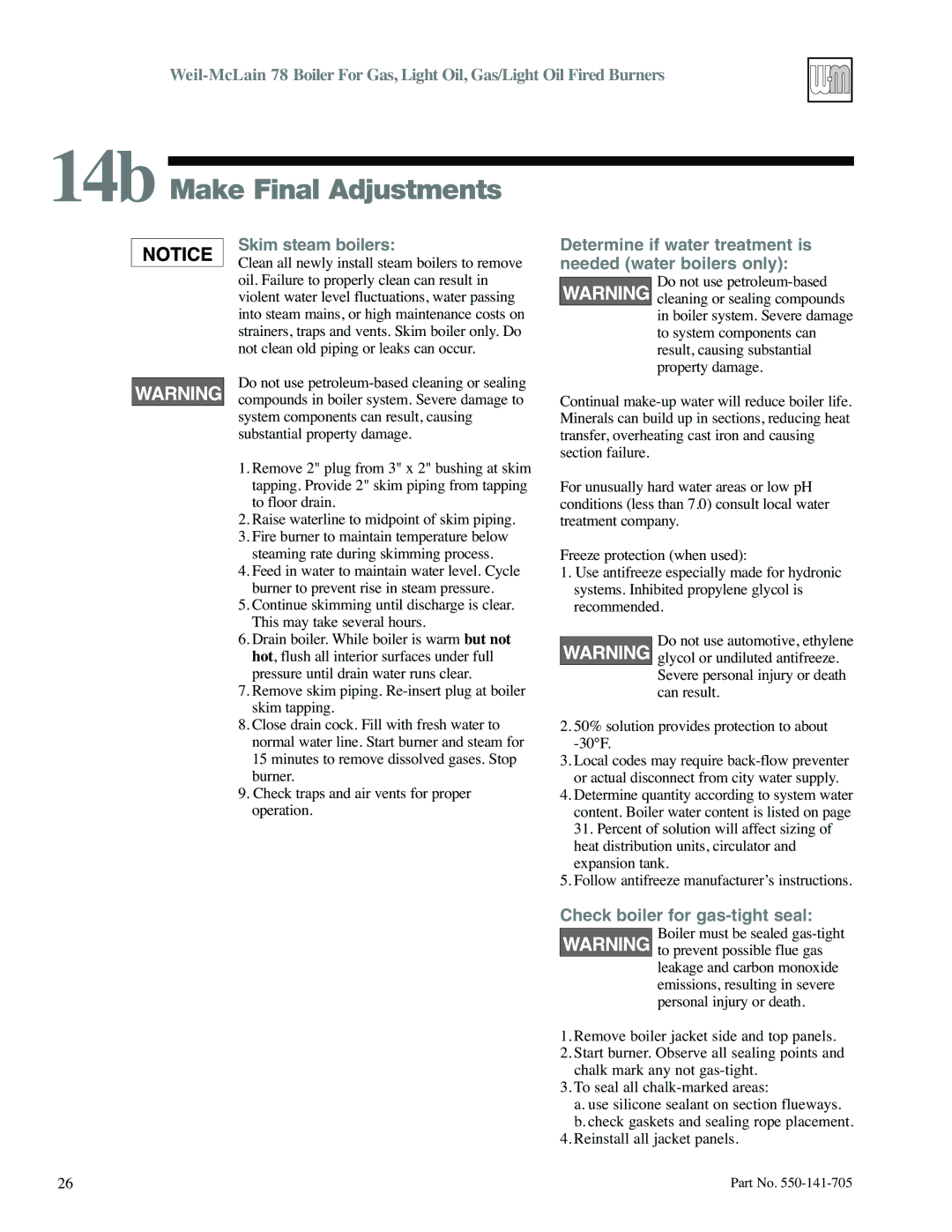 Weil-McLain 78 14b Make Final Adjustments, Skim steam boilers, Determine if water treatment is needed water boilers only 