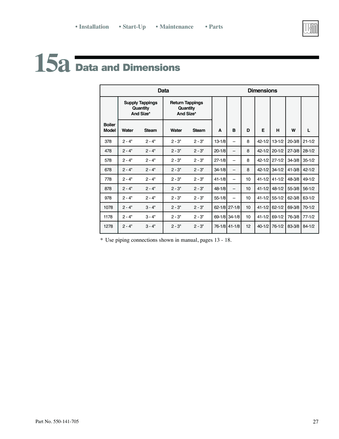 Weil-McLain 78 manual 15a Data and Dimensions, Data Dimensions 