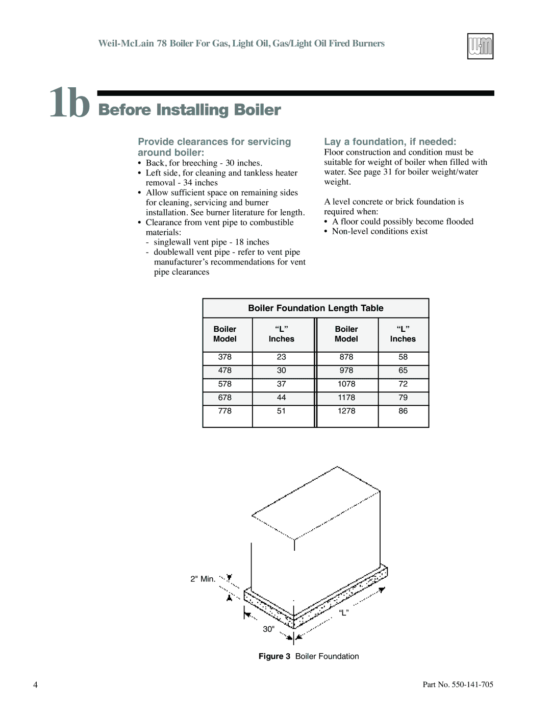 Weil-McLain 78 1b Before Installing Boiler, Provide clearances for servicing around boiler, Lay a foundation, if needed 