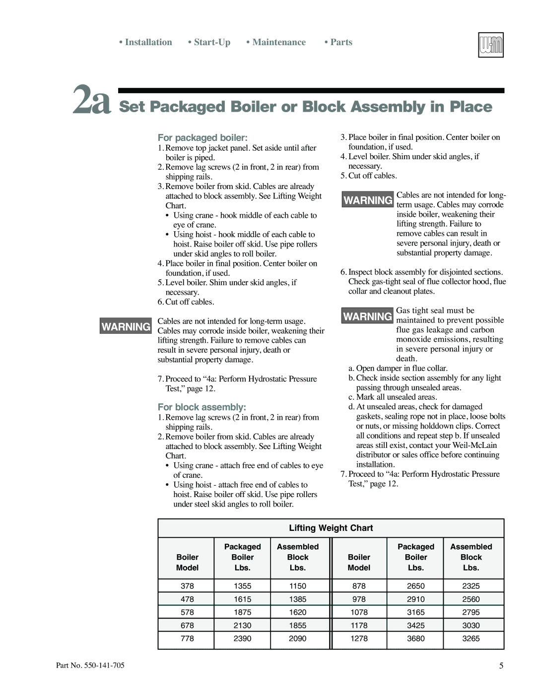 Weil-McLain 78 manual 2a Set Packaged Boiler or Block Assembly in Place, For packaged boiler, For block assembly 