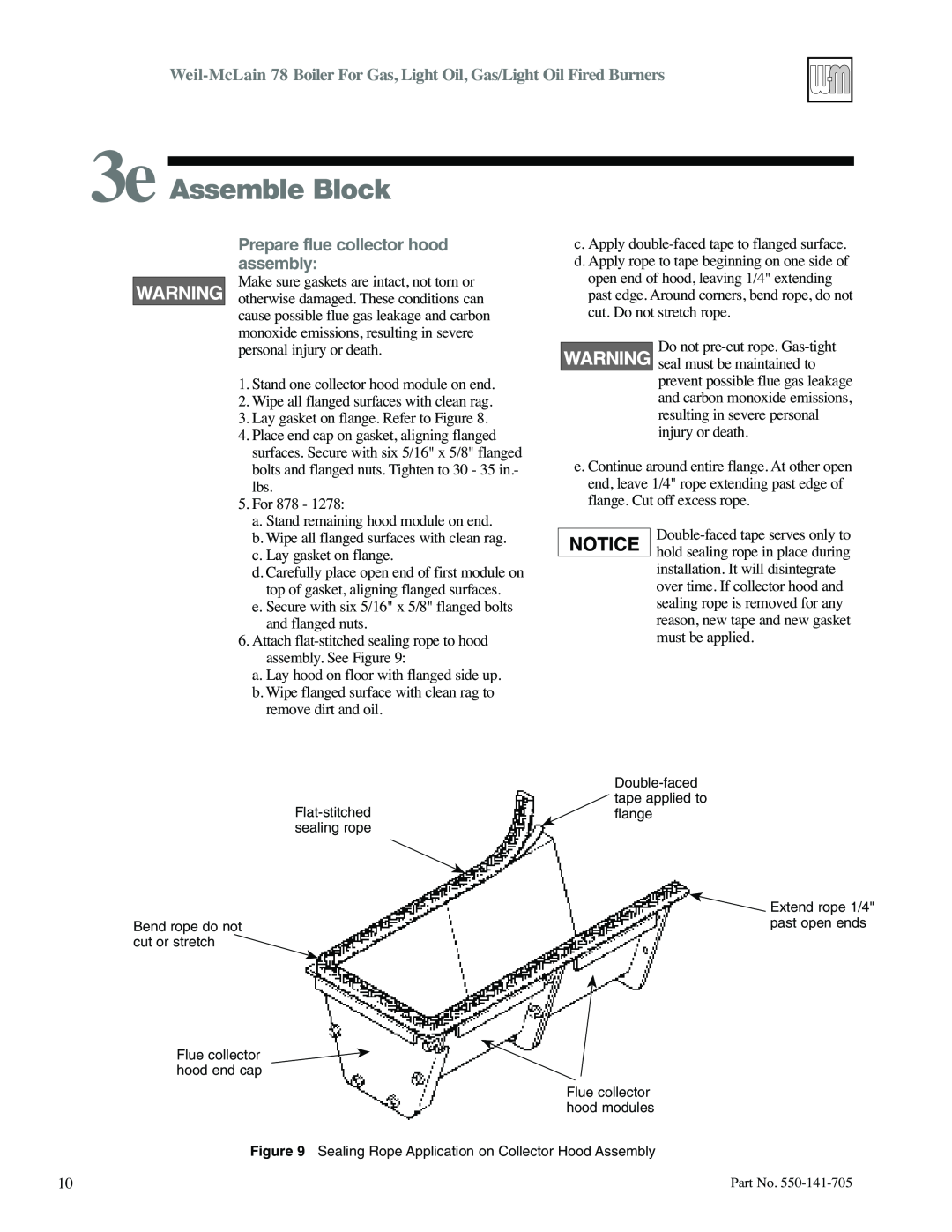 Weil-McLain 78 manual 3e Assemble Block, Prepare flue collector hood assembly 