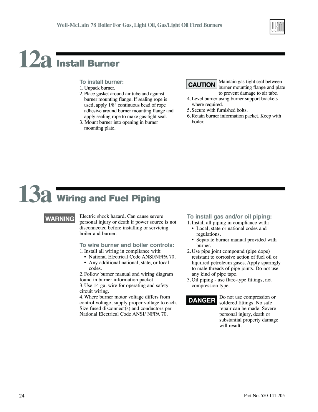 Weil-McLain 78 manual 12a Install Burner, 13a Wiring and Fuel Piping, To install burner, To wire burner and boiler controls 
