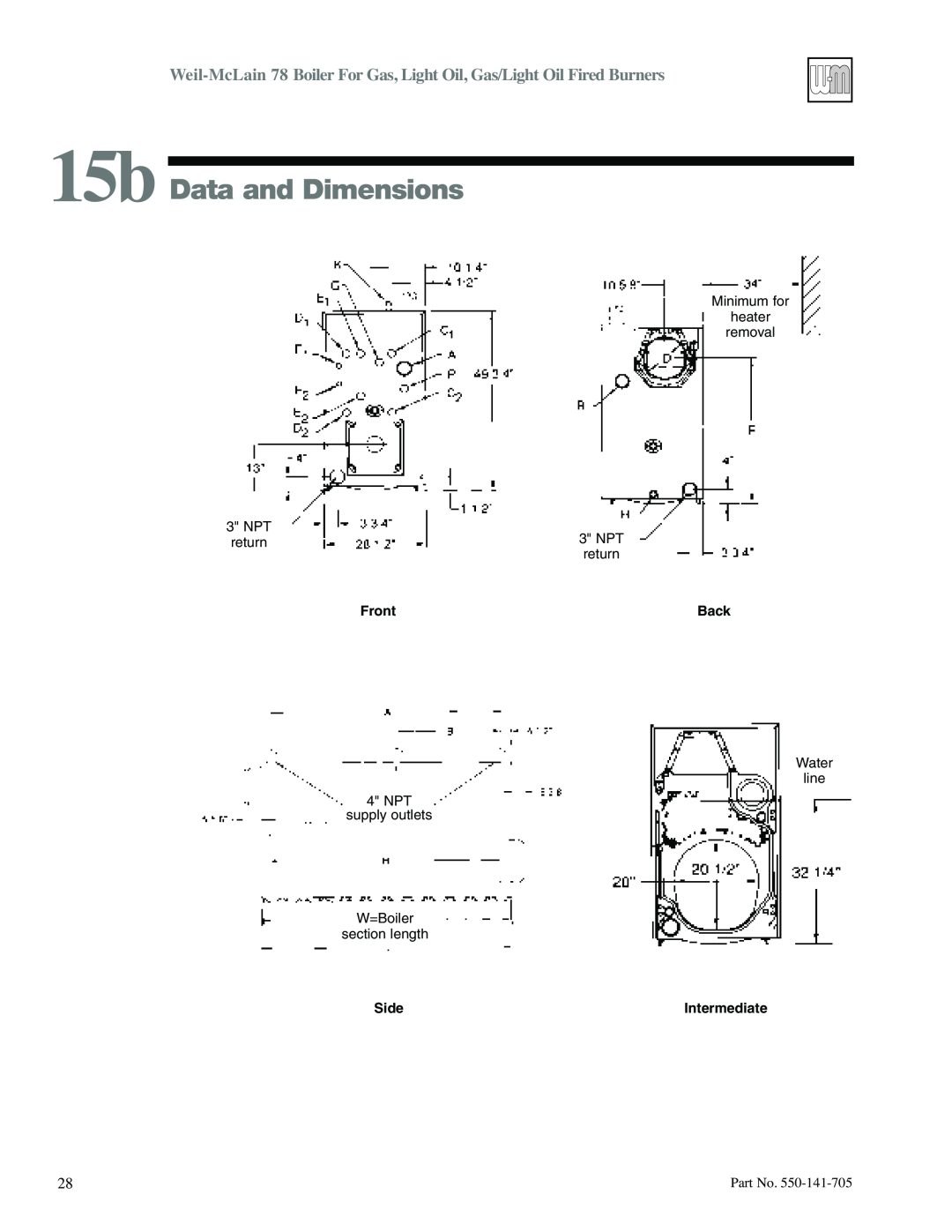 Weil-McLain 78 manual 15b Data and Dimensions, Front, Side, Intermediate, Back 