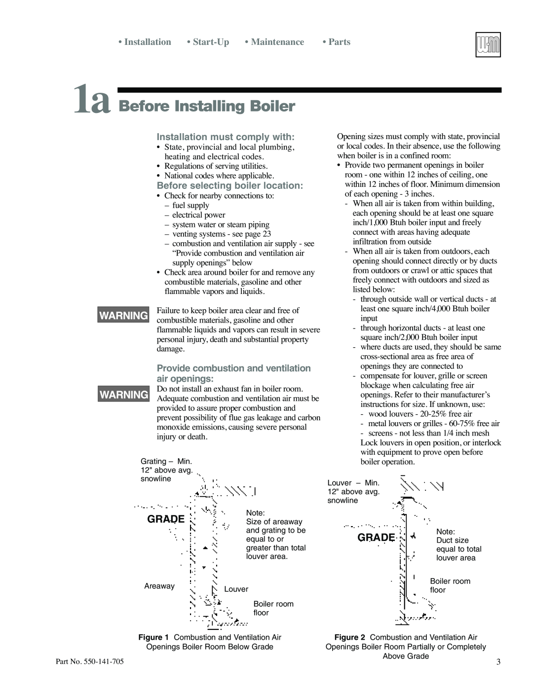 Weil-McLain 78 manual 1a Before Installing Boiler, Grade, Start-Up, Maintenance, Installation must comply with, Parts 