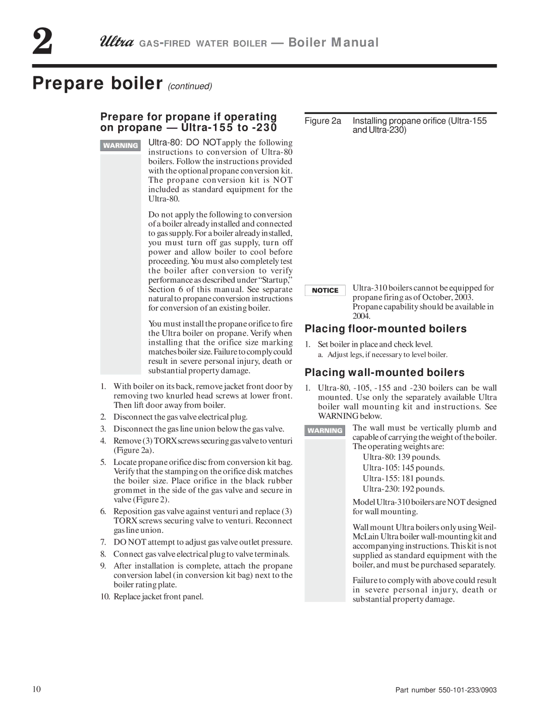 Weil-McLain 80, 230, 310, 105 manual Prepare for propane if operating on propane Ultra-155 to, Placing floor-mounted boilers 