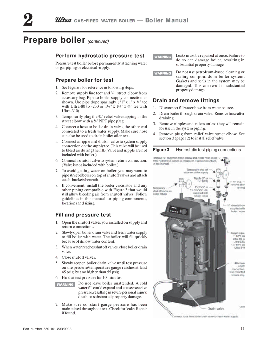 Weil-McLain 230, 80, 310, 105, 155 manual Perform hydrostatic pressure test, Prepare boiler for test, Fill and pressure test 