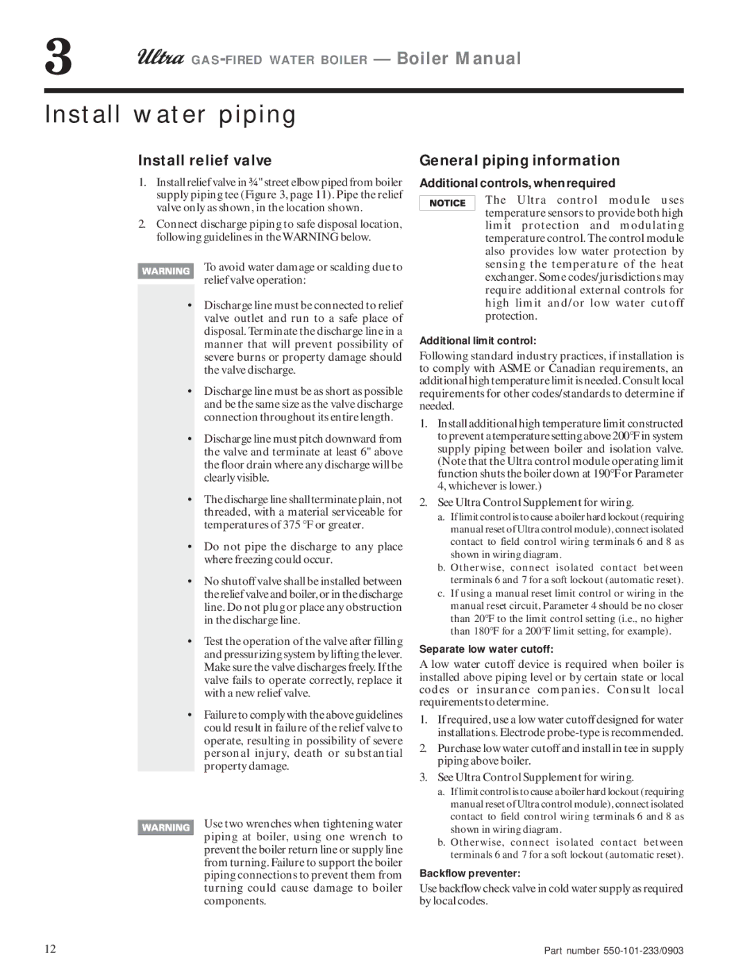 Weil-McLain 310 Install water piping, Install relief valve, General piping information, Additional controls, when required 