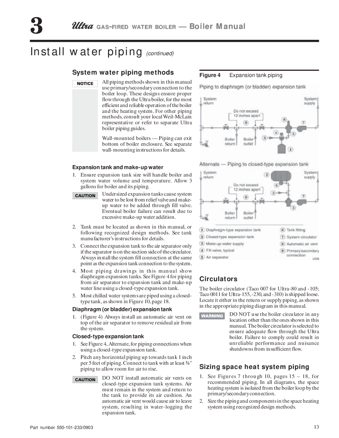 Weil-McLain 105, 80, 230, 310, 155 manual System water piping methods, Circulators, Sizing space heat system piping 