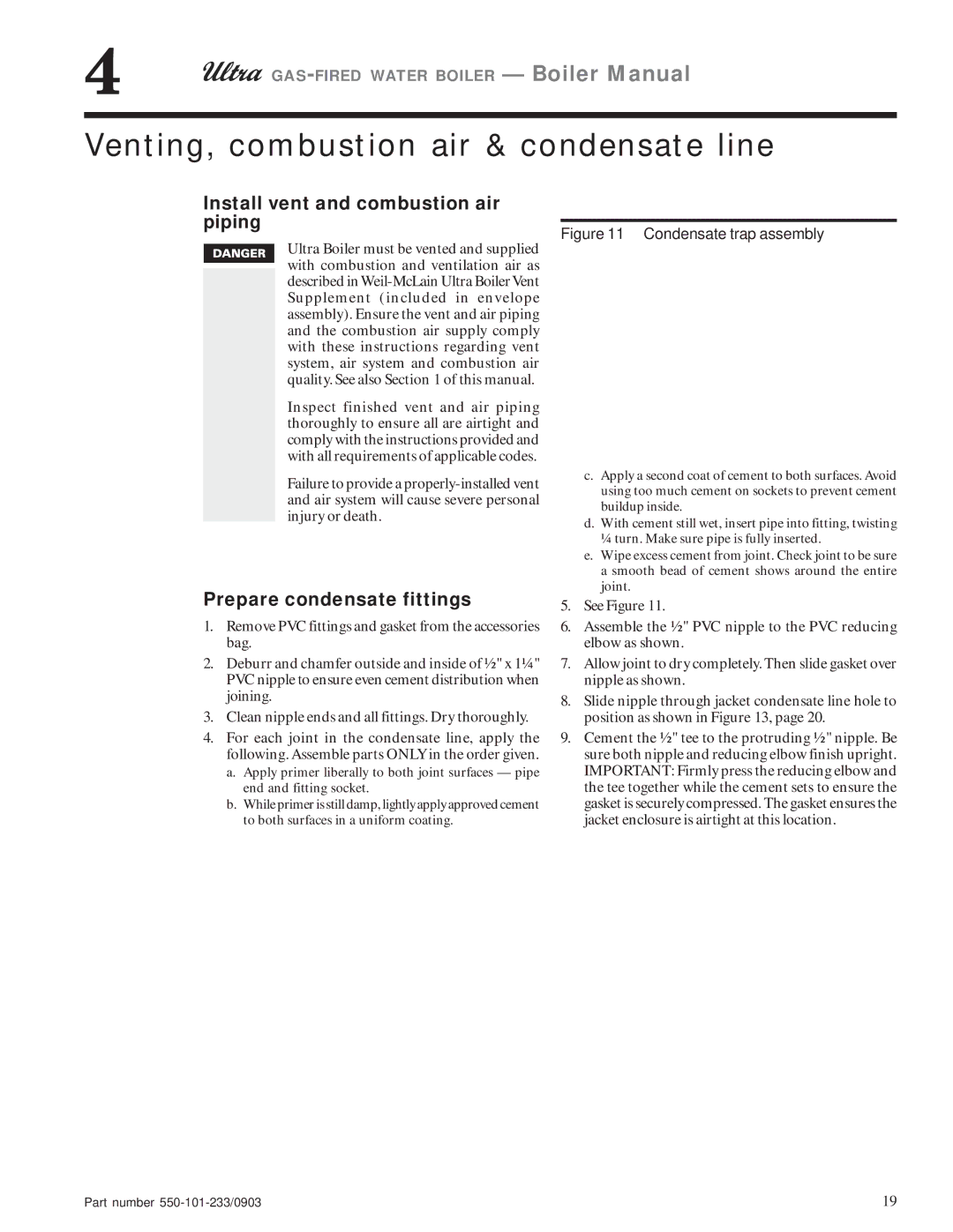 Weil-McLain 155, 80, 230, 310, 105 manual Venting, combustion air & condensate line, Install vent and combustion air piping 