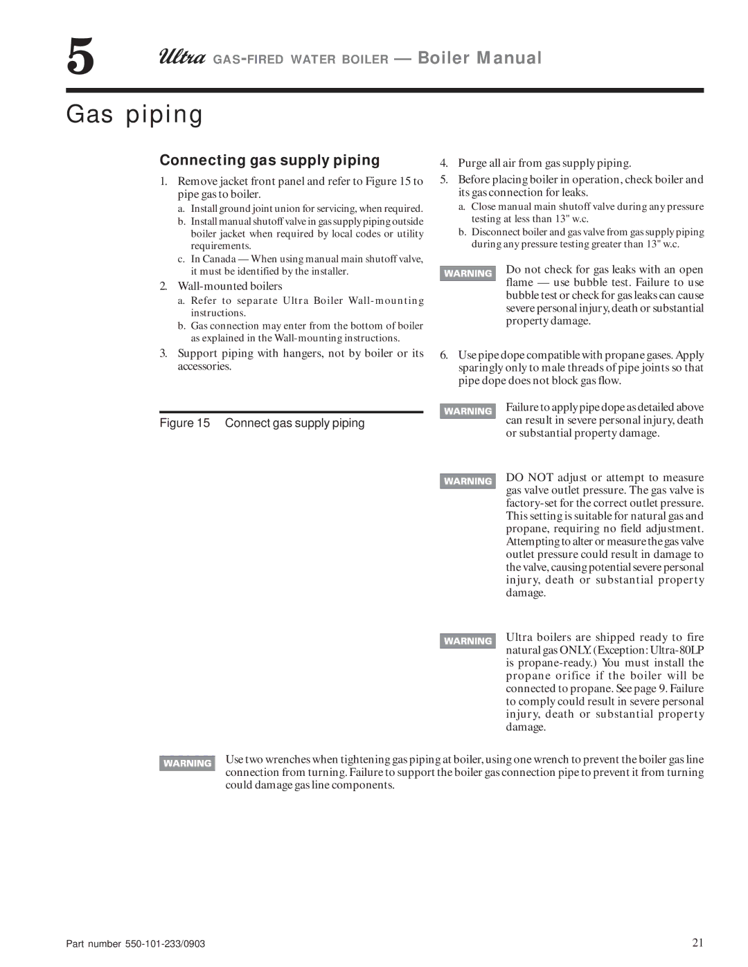 Weil-McLain 230, 80, 310, 105, 155 manual Gas piping, Connecting gas supply piping, Wall-mounted boilers 