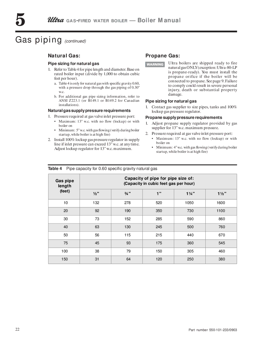 Weil-McLain 310, 80, 230 Natural Gas, Propane Gas, Pipe sizing for natural gas, Natural gas supply pressure requirements 