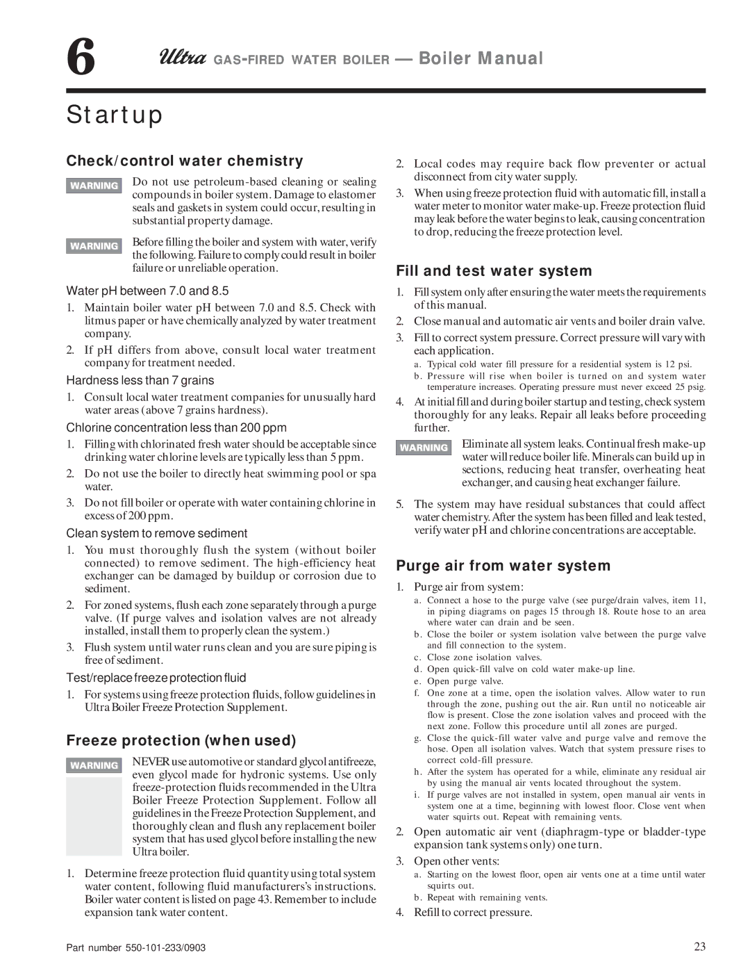 Weil-McLain 105, 80, 230 Startup, Check/control water chemistry, Freeze protection when used, Fill and test water system 