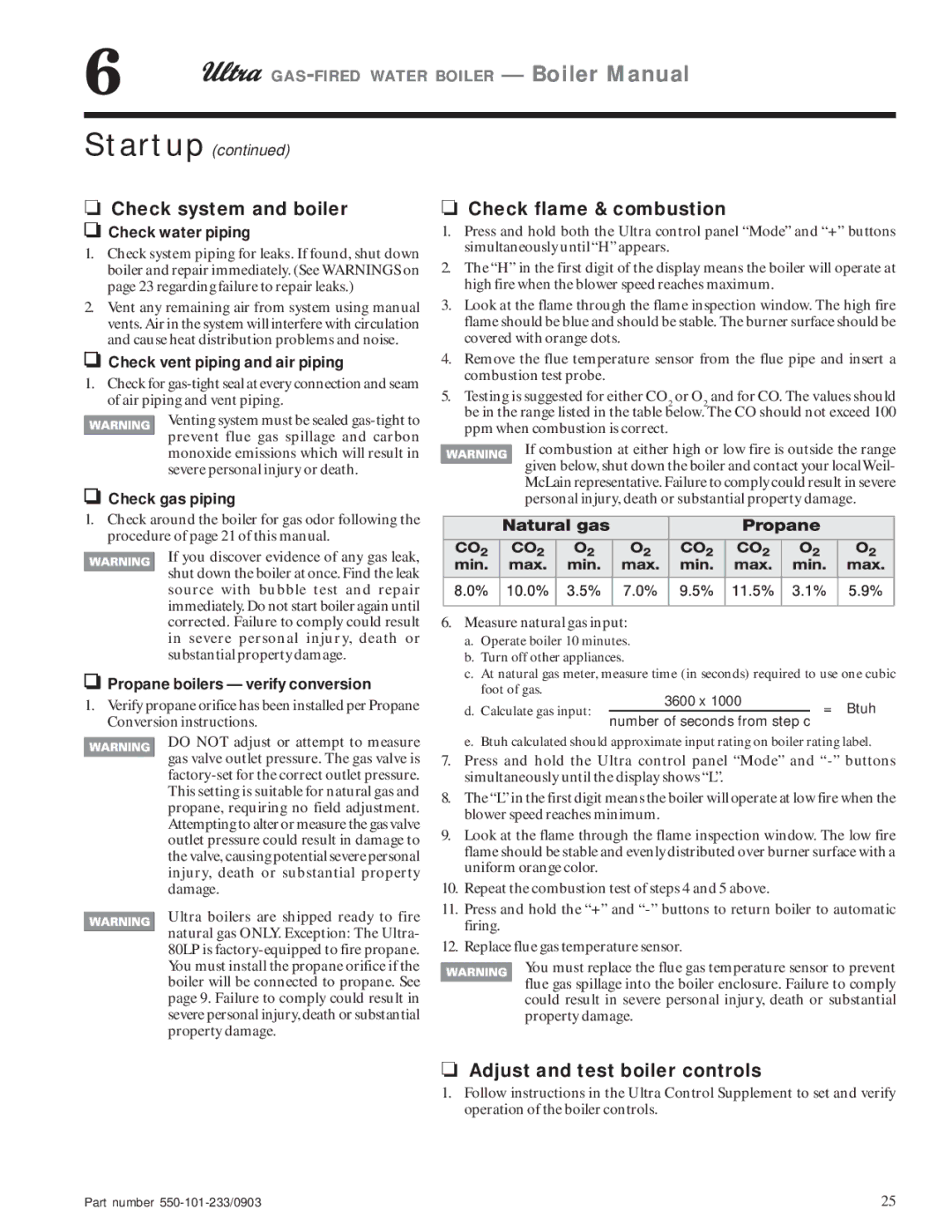 Weil-McLain 80, 230, 310, 105, 155 manual Check system and boiler, Check flame & combustion, Adjust and test boiler controls 