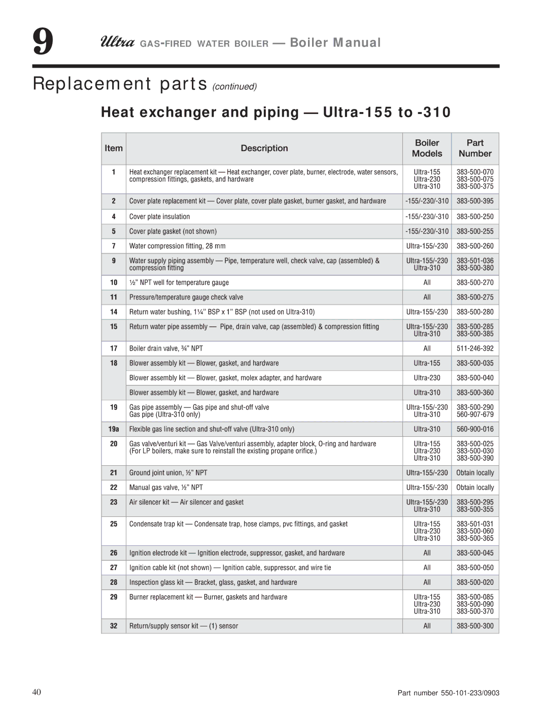 Weil-McLain 80, 230, 310, 105 manual Heat exchanger and piping Ultra-155 to 