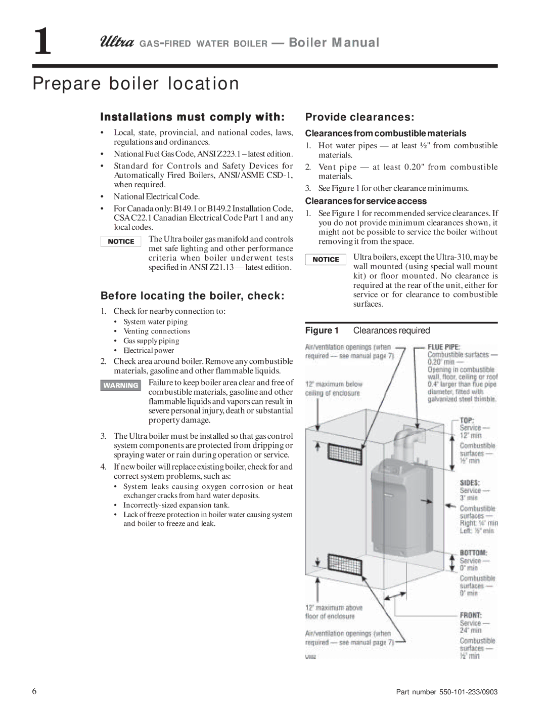 Weil-McLain 230, 80, 310, 105, 155 Prepare boiler location, Installations must comply with, Before locating the boiler, check 