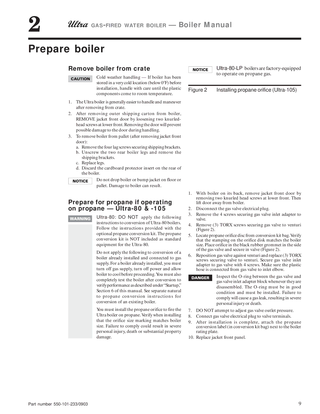 Weil-McLain 155, 230, 310 Prepare boiler, Remove boiler from crate, Prepare for propane if operating on propane Ultra-80 