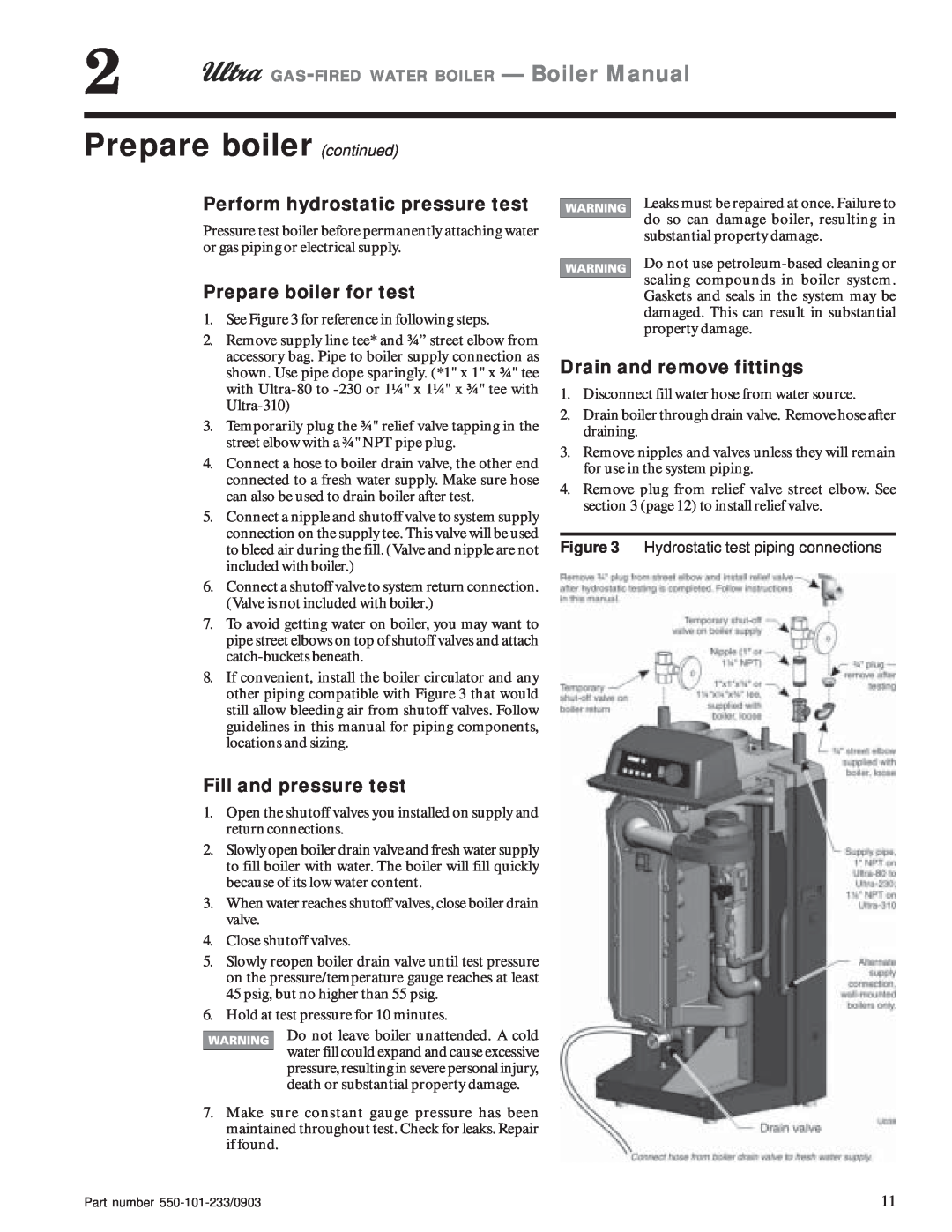 Weil-McLain 230, 80, 310, 105, 155 manual Prepare boiler continued, Perform hydrostatic pressure test, Prepare boiler for test 