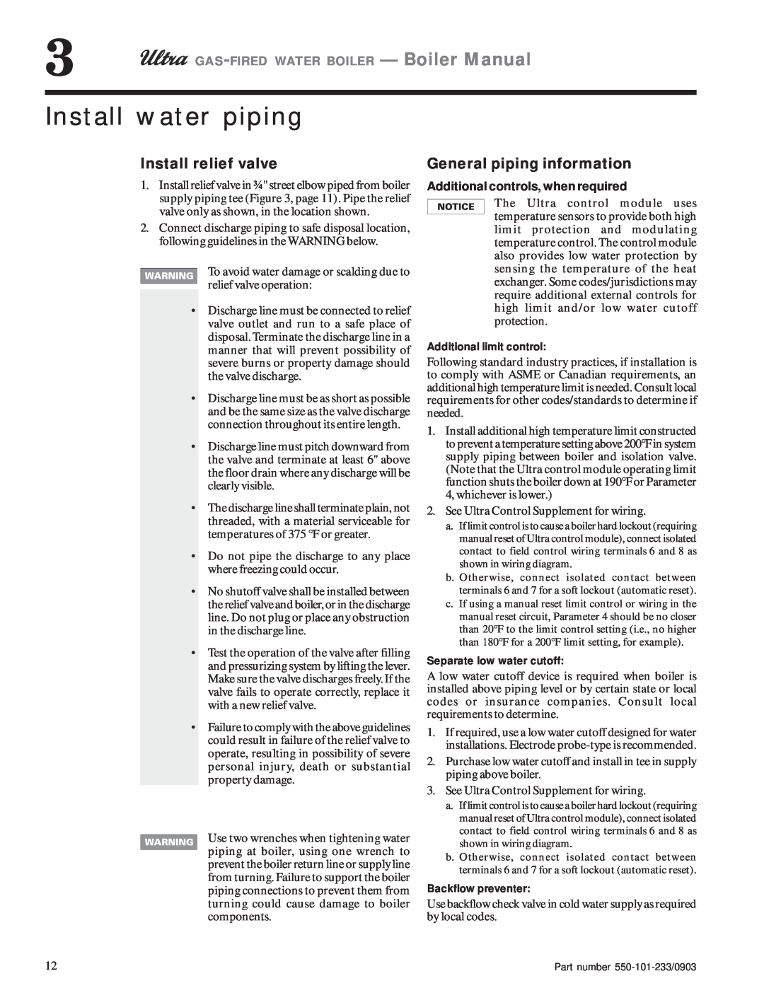 Weil-McLain 310 Install water piping, Install relief valve, General piping information, Additional controls, when required 