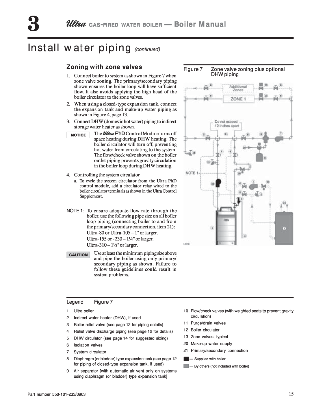 Weil-McLain 80 Install water piping continued, Zoning with zone valves, GAS-FIRED WATER BOILER - Boiler Manual, DHW piping 