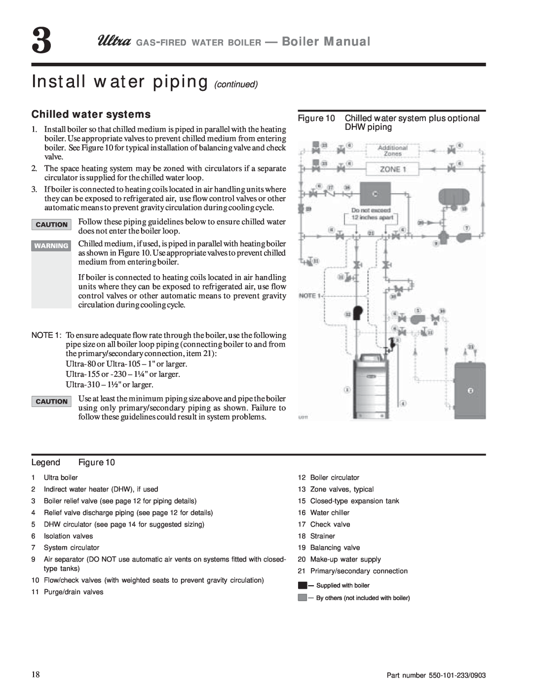 Weil-McLain 105 Install water piping continued, Chilled water systems, GAS-FIRED WATER BOILER - Boiler Manual, DHW piping 