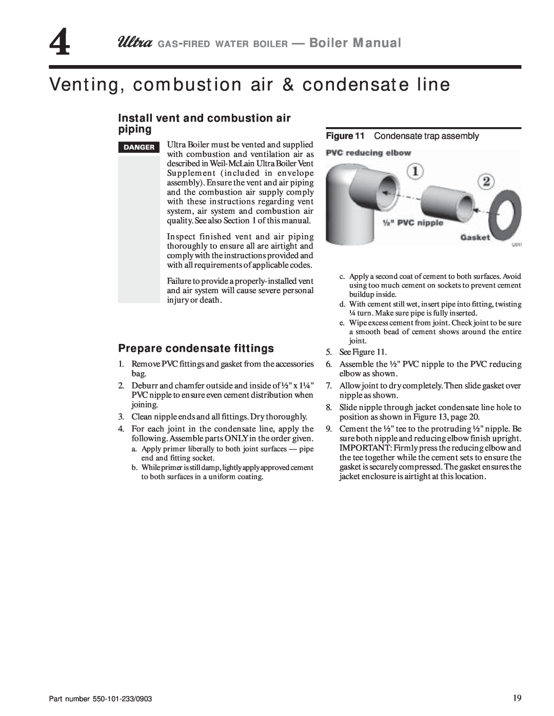Weil-McLain 155, 80, 230, 310, 105 manual Venting, combustion air & condensate line, Install vent and combustion air piping 