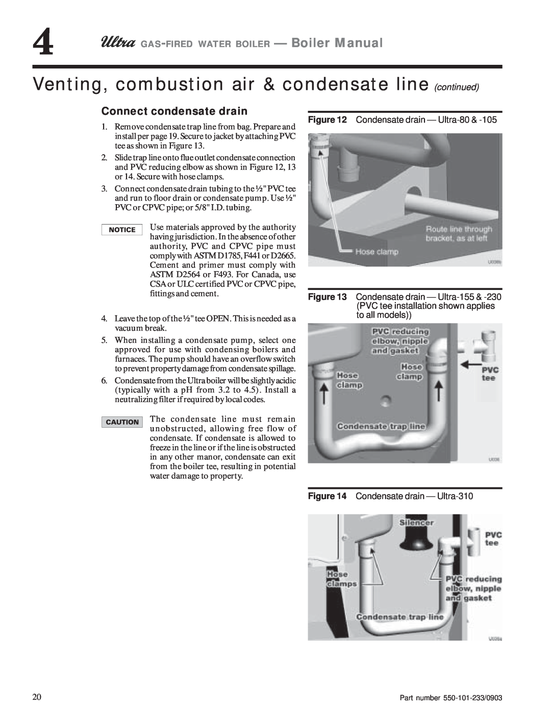 Weil-McLain Venting, combustion air & condensate line continued, Connect condensate drain, Condensate drain - Ultra-80 