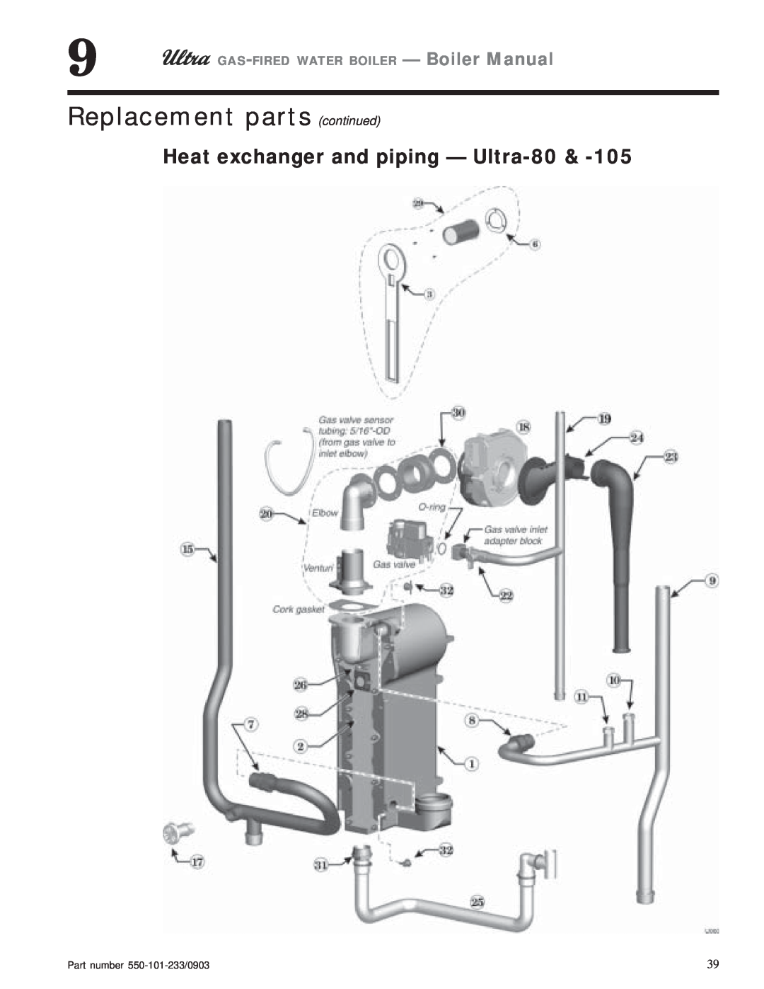 Weil-McLain 155 Replacement parts continued, Heat exchanger and piping - Ultra-80, GAS-FIRED WATER BOILER - Boiler Manual 