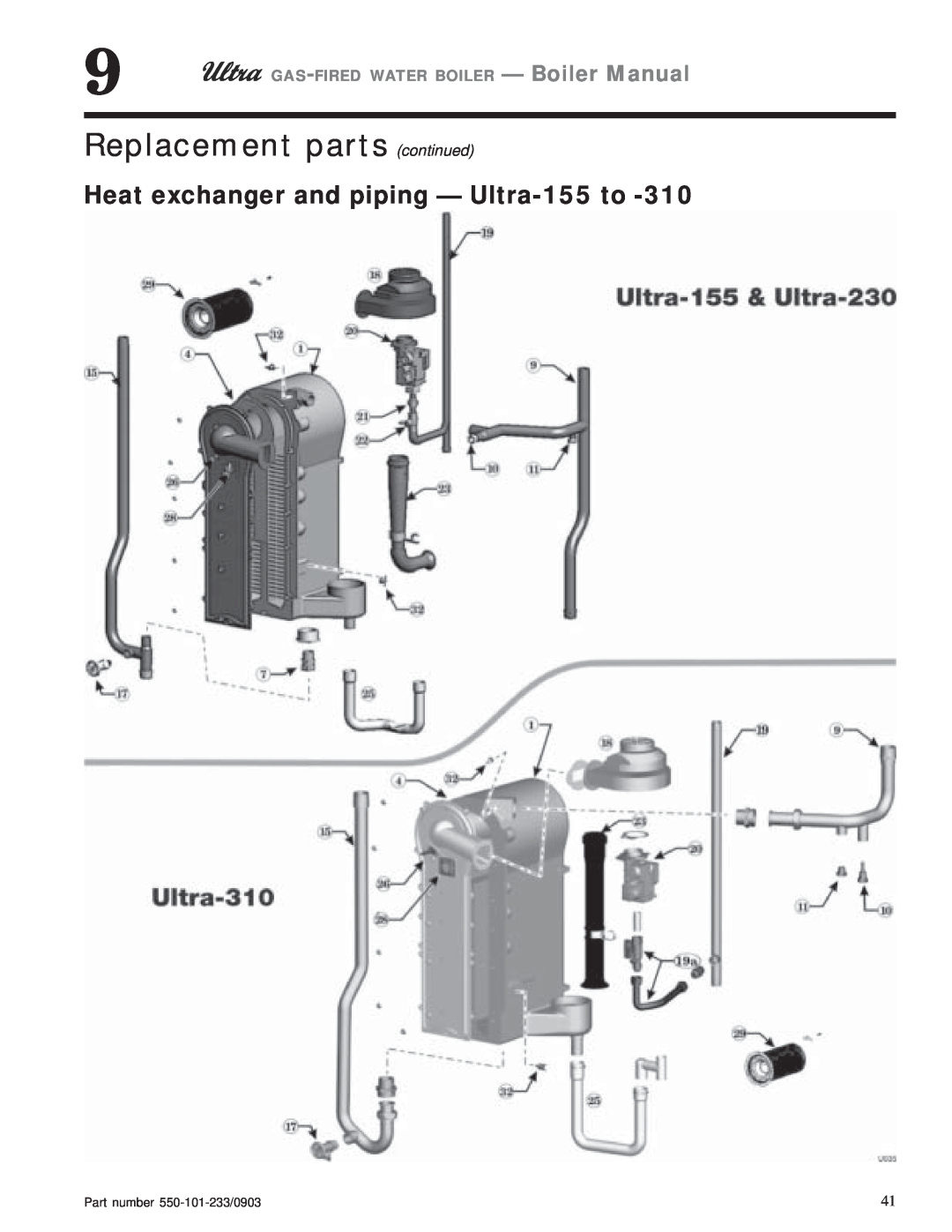 Weil-McLain 230, 80, 310, 105 manual Replacement parts continued, Heat exchanger and piping - Ultra-155 to 