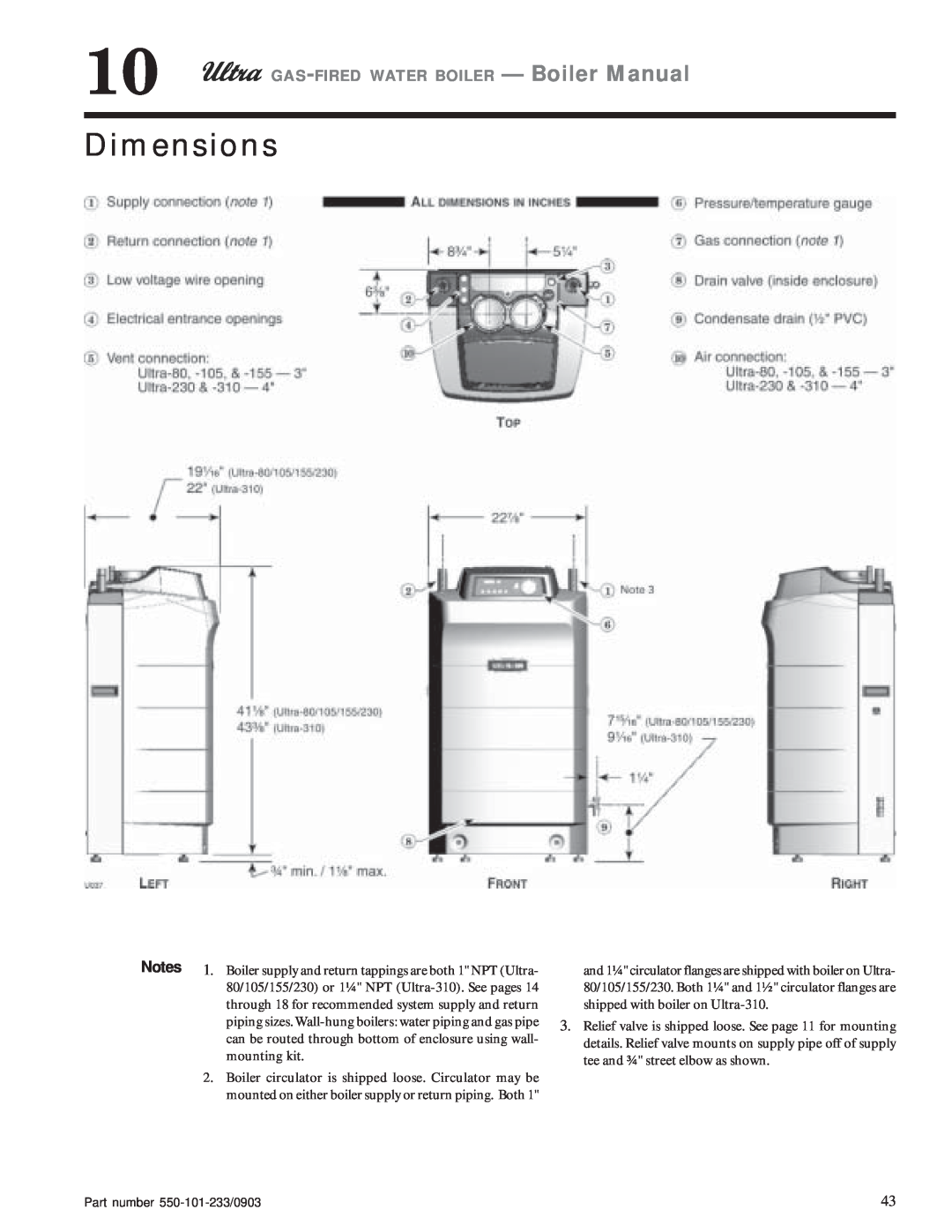 Weil-McLain 105, 80, 230, 310, 155 manual Dimensions, GAS-FIRED WATER BOILER - Boiler Manual 