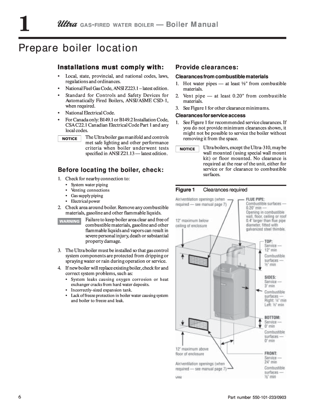 Weil-McLain 230, 80, 310, 105, 155 Prepare boiler location, Installations must comply with, Before locating the boiler, check 