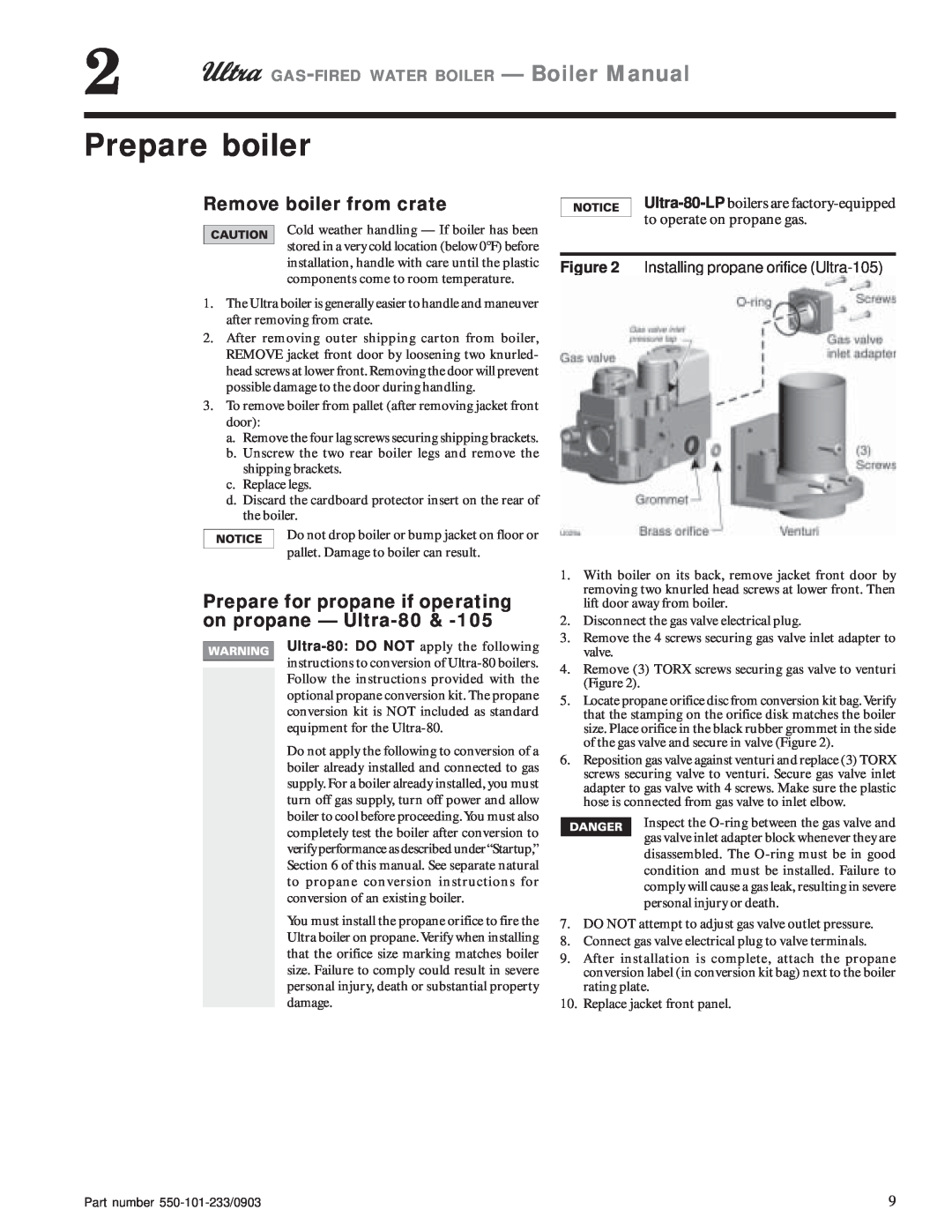 Weil-McLain 155, 230, 310 Prepare boiler, Remove boiler from crate, Prepare for propane if operating on propane - Ultra-80 