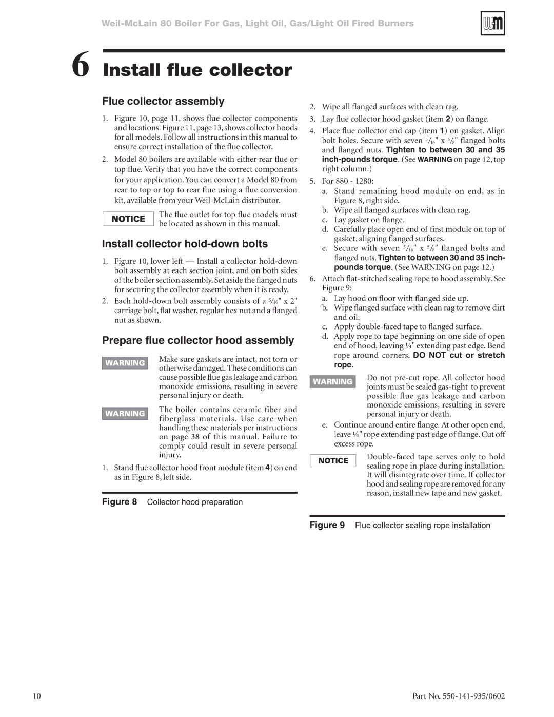 Weil-McLain 80 manual Install flue collector, Flue collector assembly, Install collector hold-down bolts 
