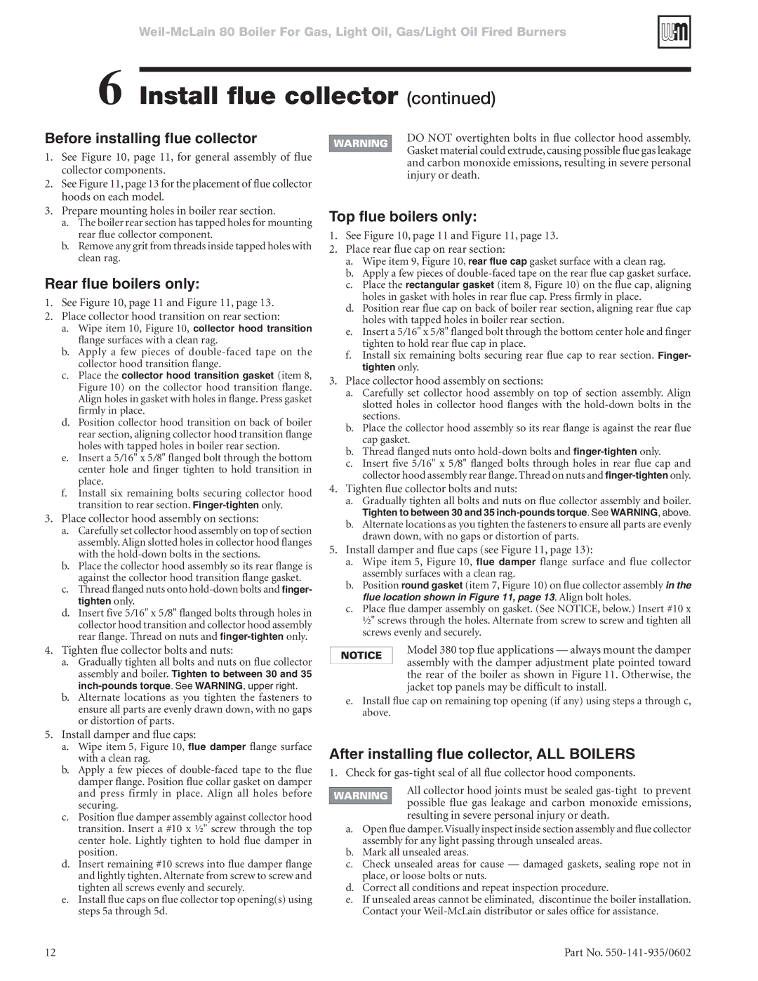 Weil-McLain 80 manual Before installing flue collector, Rear flue boilers only, Top flue boilers only 