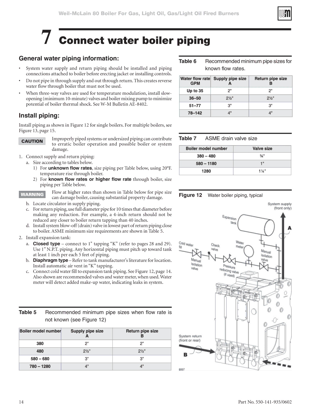 Weil-McLain 80 manual Connect water boiler piping, General water piping information, Install piping 