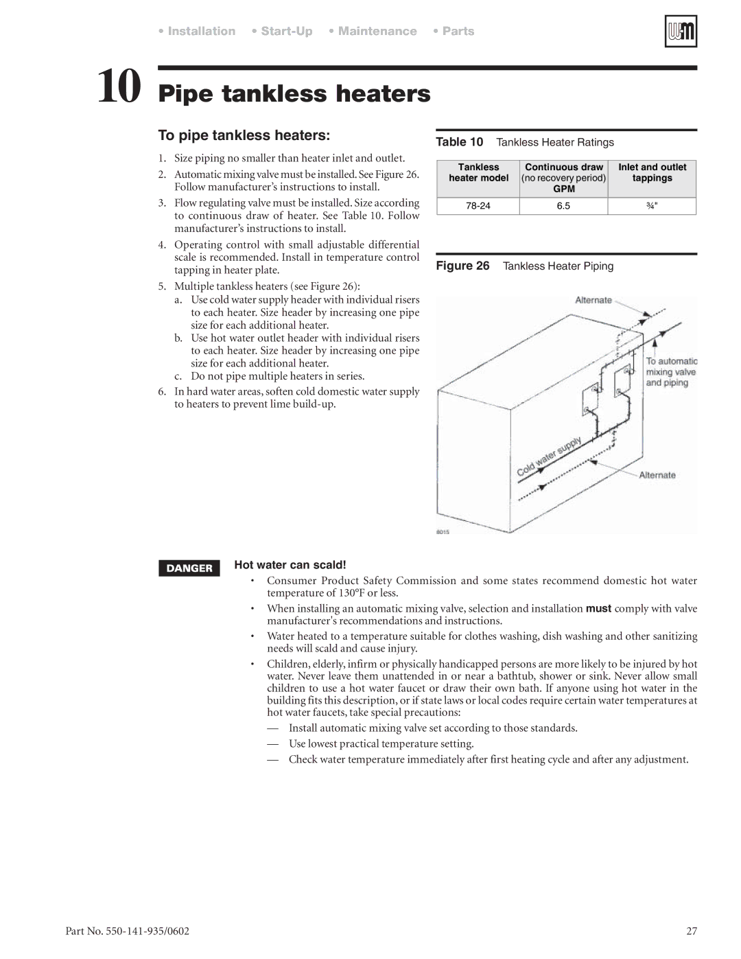 Weil-McLain 80 manual Pipe tankless heaters, To pipe tankless heaters, Size piping no smaller than heater inlet and outlet 