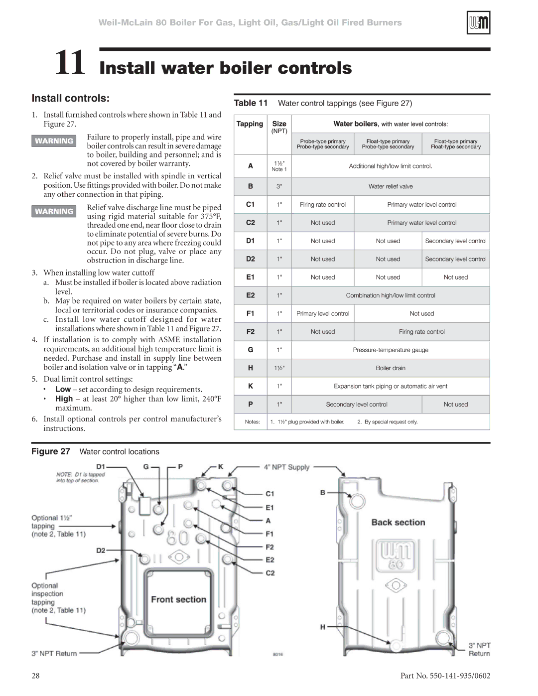 Weil-McLain 80 manual Install water boiler controls, Install controls 