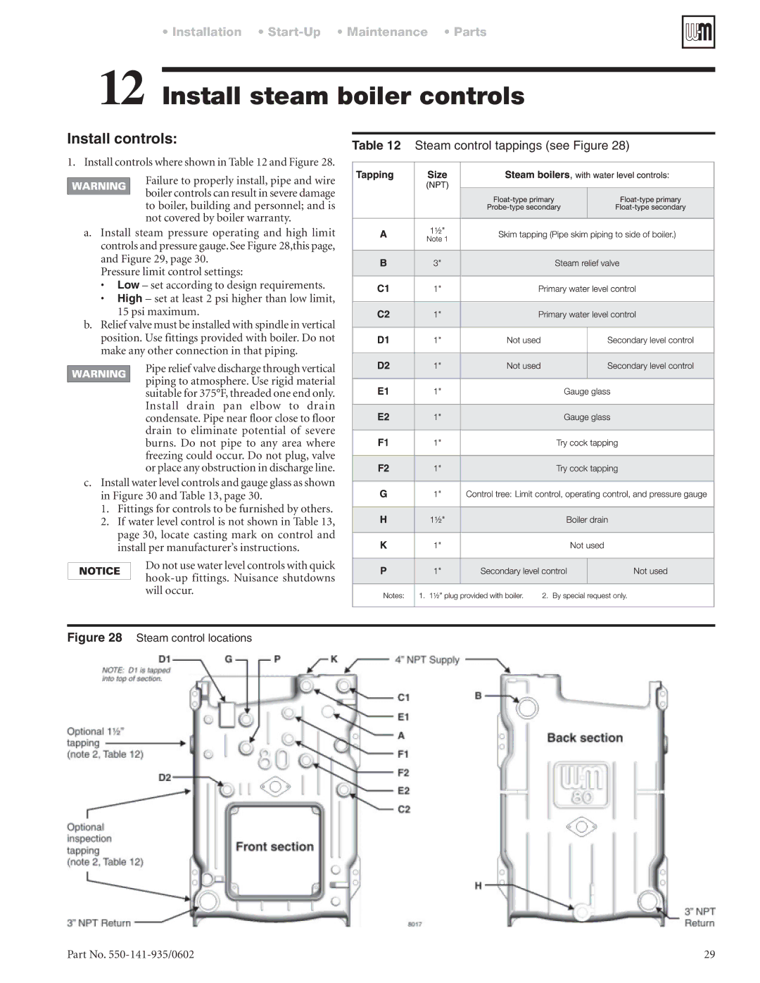 Weil-McLain 80 manual Install steam boiler controls, Install controls where shown in and Figure 