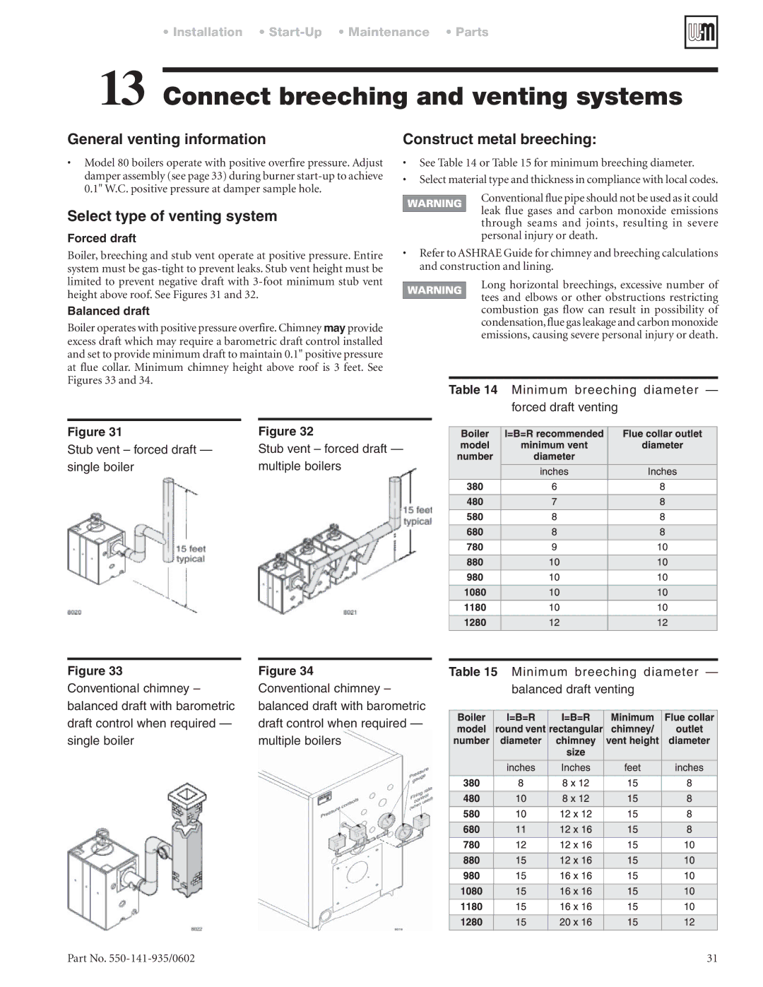 Weil-McLain 80 manual Connect breeching and venting systems, General venting information Construct metal breeching 