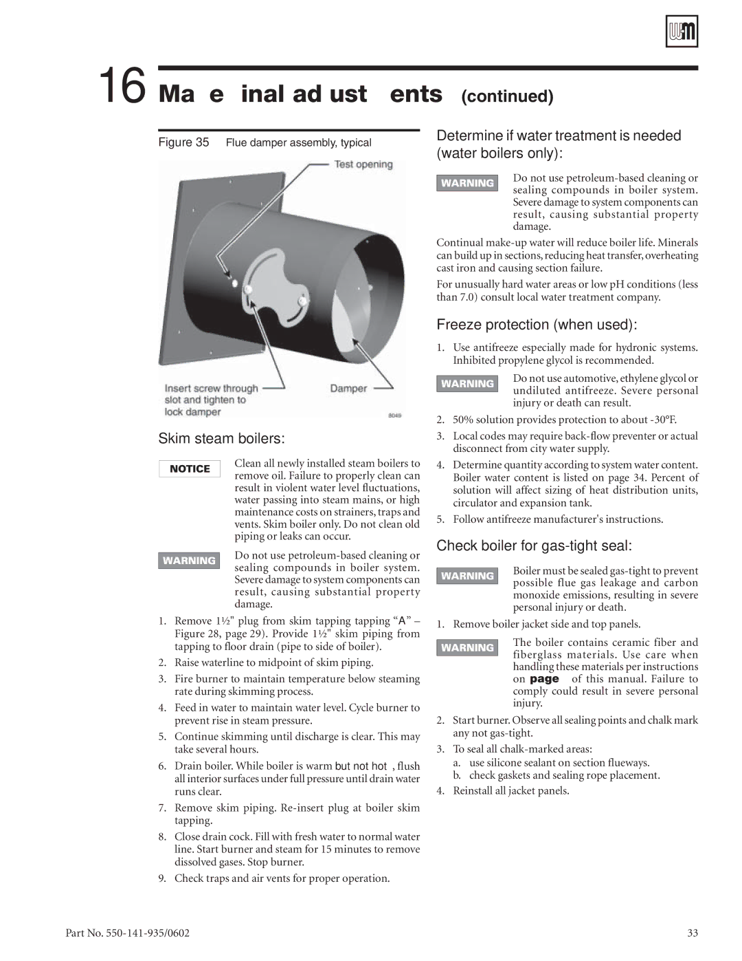 Weil-McLain 80 manual Freeze protection when used, Check boiler for gas-tight seal 