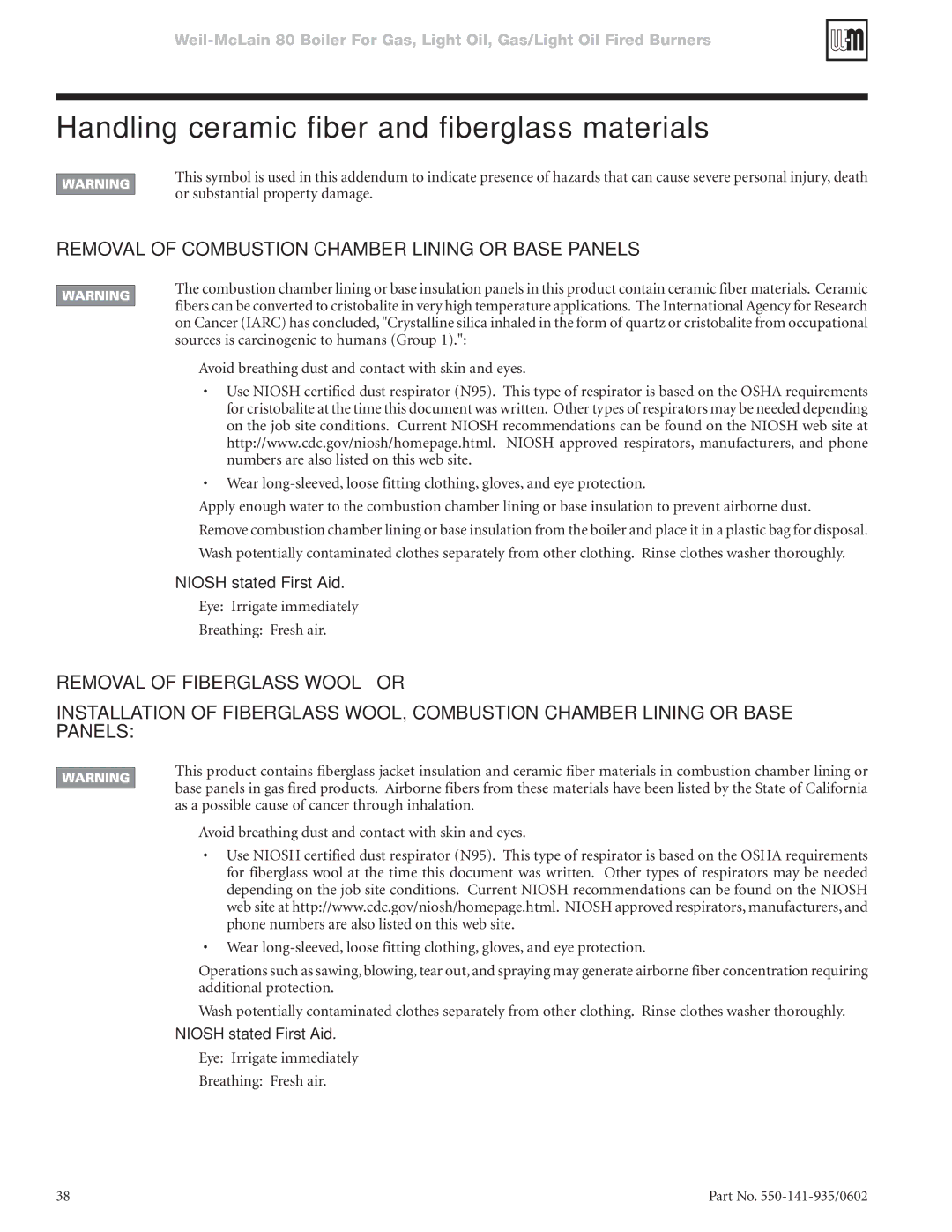 Weil-McLain 80 manual Handling ceramic fiber and fiberglass materials, Eye Irrigate immediately Breathing Fresh air 