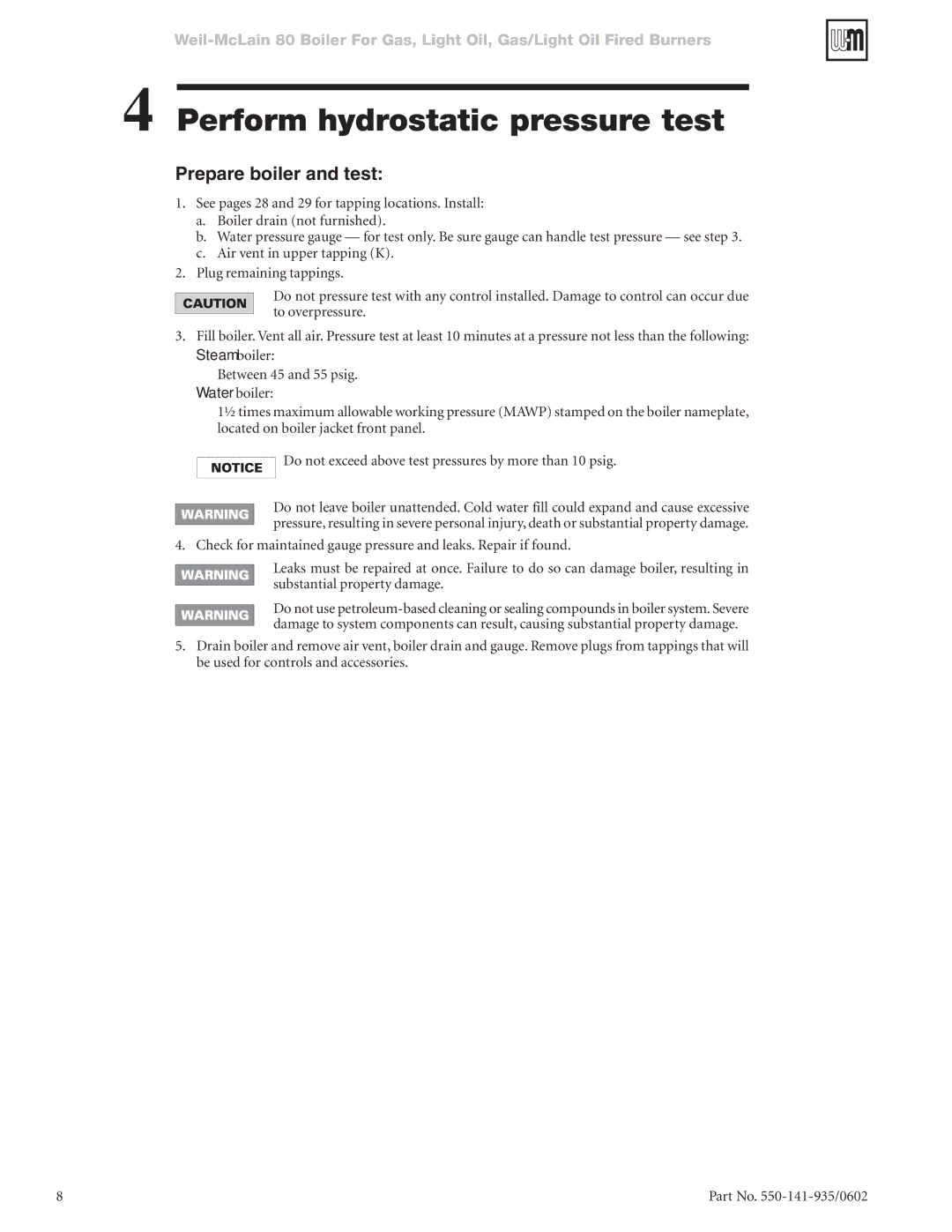 Weil-McLain 80 manual Perform hydrostatic pressure test, Prepare boiler and test 