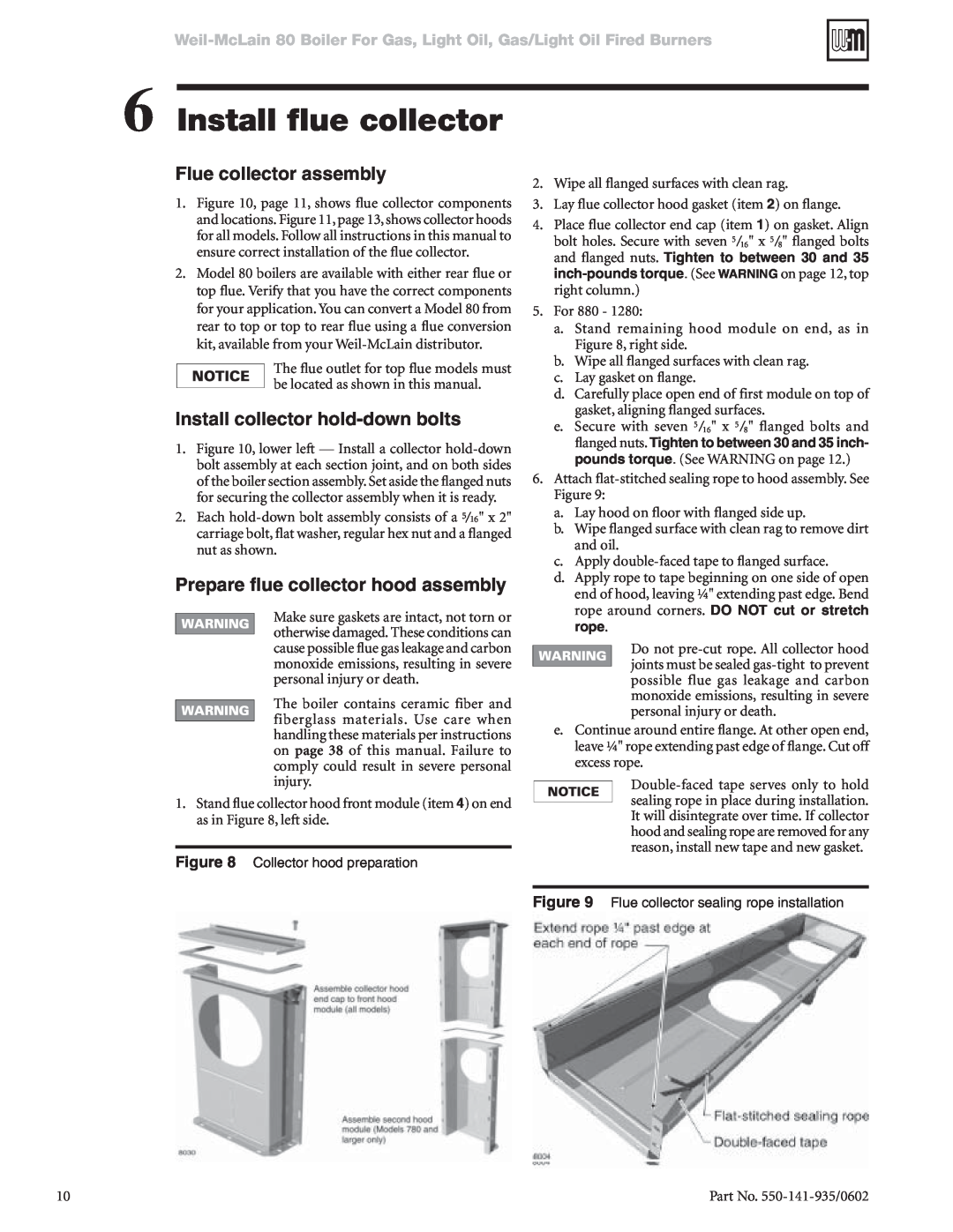 Weil-McLain 80 manual Install flue collector, Flue collector assembly, Install collector hold-downbolts 