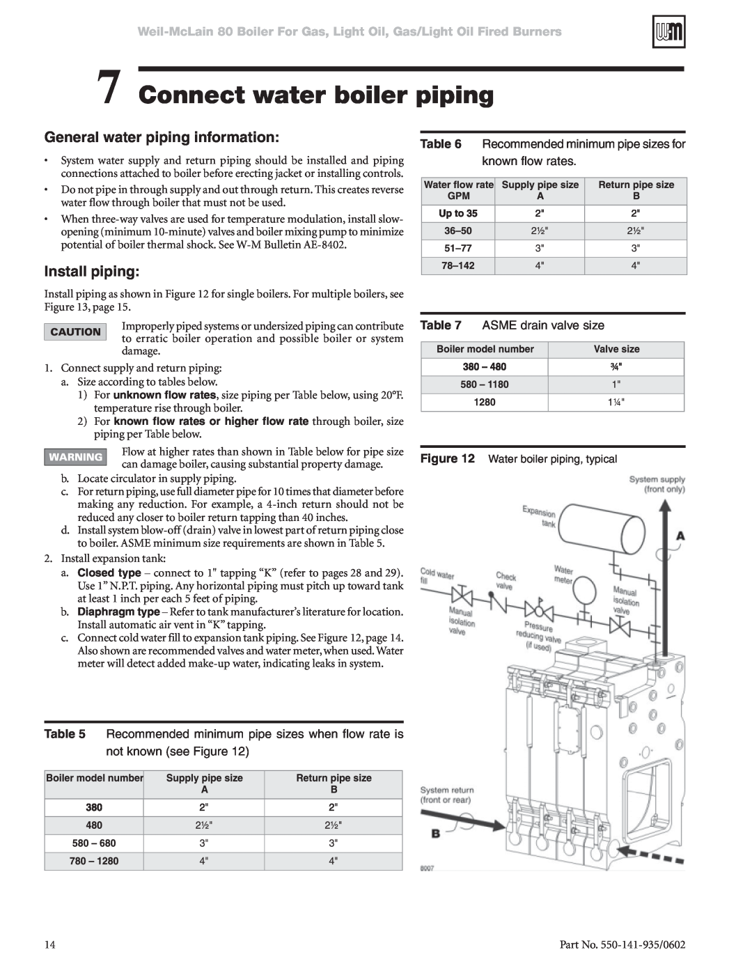 Weil-McLain 80 manual Connect water boiler piping, General water piping information, Install piping, known flow rates 