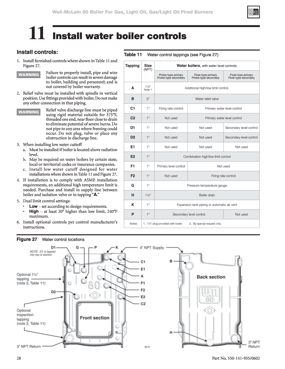 Weil-McLain 80 manual Install water boiler controls, Install controls 