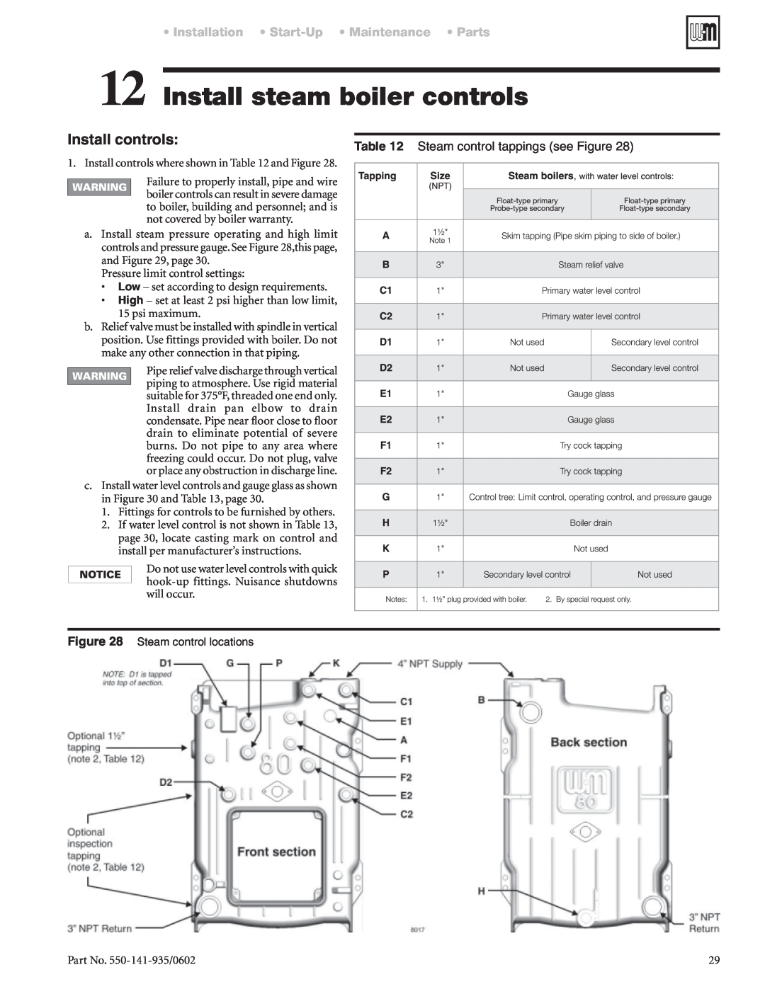 Weil-McLain 80 manual Install steam boiler controls, Install controls, Installation Start-Up Maintenance Parts 